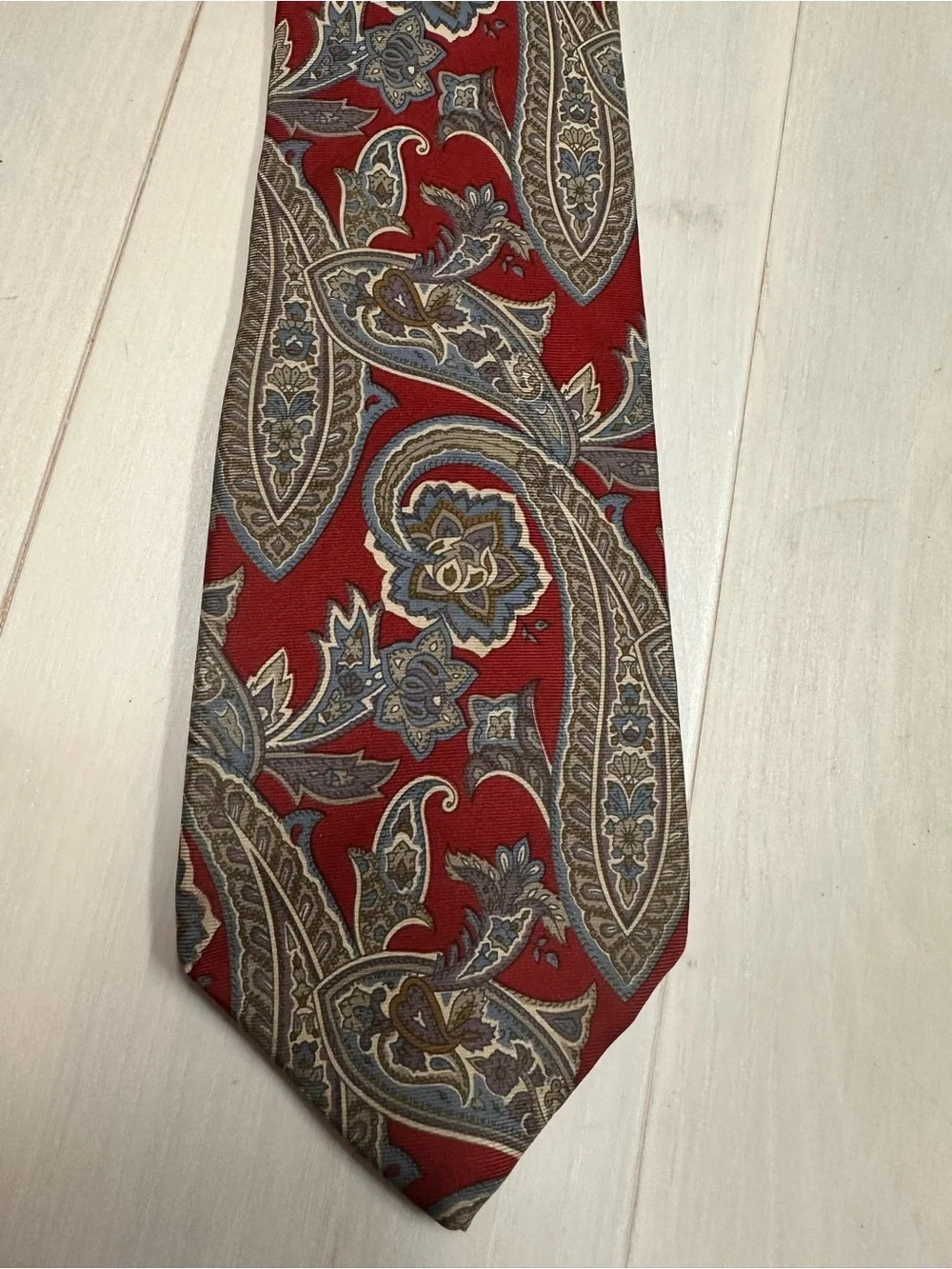 Men's Red Paisley Tie with Blue and Tan Accents